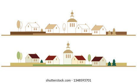 vector village with church and isolated small houses