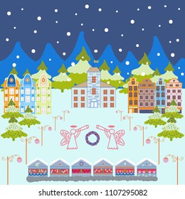 Vector village countryside scene background. Among hills. Freehand drawn cartoon style. Colorful cute outdoors landscape. Rural community on blue, neutral and beige colors.