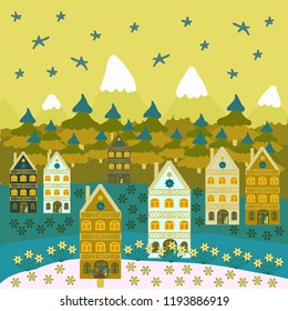 Vector village countryside scene background. Among hills. Colorful cute outdoors landscape. Rural community on yellow, blue and neutral colors. Freehand drawn cartoon style.
