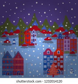 Vector village countryside scene background. Among hills. Freehand drawn cartoon style. Colorful cute outdoors landscape. Rural community on blue, violet and red colors.