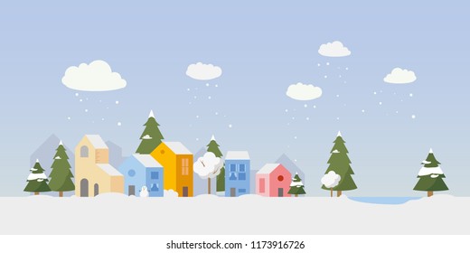 Vector village illustration with small houses in winter. Simple clean design. Each building isolated, so can be moved.