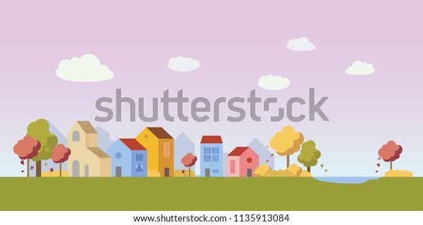 Vector\
village illustration with small houses in autumn. Simple clean\
design. Each building isolated, so can be\
moved.