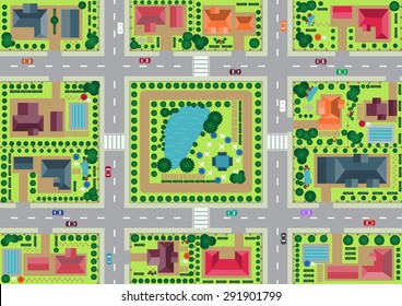 Vector village and park view from top flat graphic