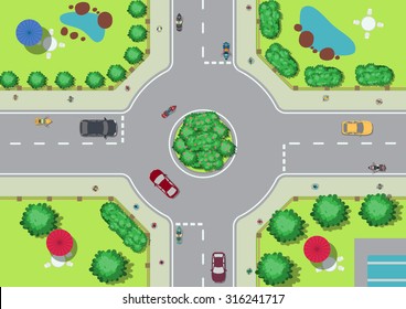 Vector Village roundabout traffic people aerial view