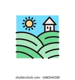 Vector vineyard fields with grapes flat color line icon.