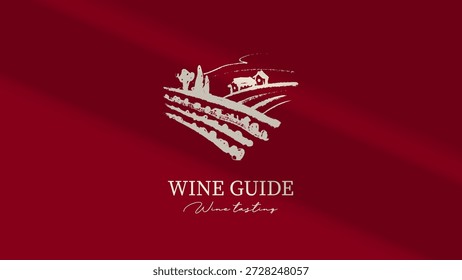 Logo de boceto de viñedo de Vector en estilo gráfico dibujado a mano de carbón. Fondo de dibujo retro. Logotipo, diseño del menú, muestra de la bodega, emblema del viñedo, símbolo de la barra de alcohol. Ilustración vectorial