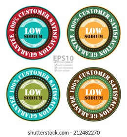 Vector : Vintage 100% Customer Satisfaction Guarantee Low Sodium Icon, Badge, Sticker or Label Isolated on White Background 