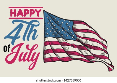 vector of vintage 4th of july design with handdrawn flag