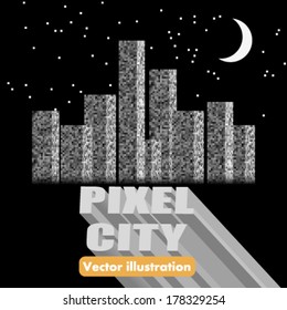 Vector vintage 8-bit cityscape in the night background illustration