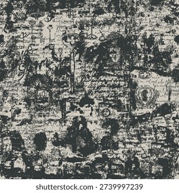 Vector vintage Abstact grunge Seamless pattern or Hand-drawn background with vintage medieval knightly coats of arms, old keys and text lorem ipsum. Wallpapers on ancient themes and states, empires. No ai