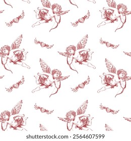 Vector vintage abstract pattern depicting cute red Cupids in line art style isolated on a white background. Ornament for Valentine's Day or wedding without seam. Wallpaper, wrap, fabric