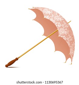 Vector vintage accessory -  umbrella with white laces, floral motifs, golden stick and wooden handle