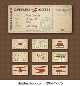 Vector vintage airline ticket, wedding  invitation in retro style