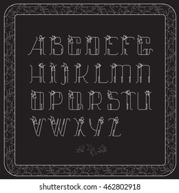 Vector vintage alphabet. Letters and frame with stars on black background. Lines font design. 