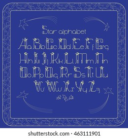 Vector vintage alphabet. Letters and frame with cartoon stars and comets on blue background. Lines font design. 