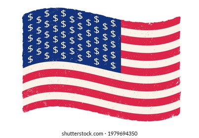 Vector vintage American flag with dollar signs instead stars. USA flag on isolated background with dollar signs. Flag of USA in retro style.