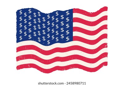 Vector americano vintage con signos de dólar en lugar de estrellas. Bandera de Estados Unidos en fondo aislado con signos de dólar. Bandera de Estados Unidos en estilo retro.