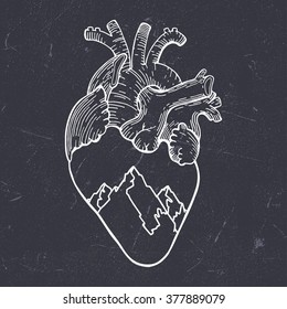 Vector vintage anatomical heart with mountains. I love travel
