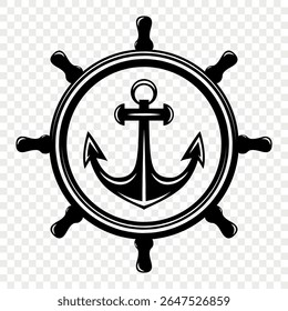 Vetor Vintage Âncora e roda de leme. Ícone de direção marinha náutica para logotipo, Captain Tattoo Design, Sailing Club Emblem, Símbolo de Aventura do Mar, Distintivo marítimo retro, Clipart de silhueta de roda de navio