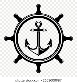 Vetor Vintage Âncora e roda de leme. Náutico Marine Steering Black Icon, Logo, Captain Tattoo Design, Sailing Club Emblem, Símbolo de Aventura Mar, Distintivo Marítimo Retro, Clipart de Silhueta de Roda de Navio