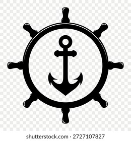 Vector Antiguas Anchor y rueda de barco. Icono de timón marino náutico, diseño retro del tatuaje del capitán, logotipo del club de vela, emblema de aventura marítima, símbolo de navegación marítima, silueta clásica de la rueda del barco