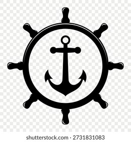 Ancla de Vector Antiguas y silueta de la rueda de la nave. Icono de timón marino náutico, diseño retro del tatuaje del capitán, logotipo del club de vela, emblema de aventura marítima, símbolo de navegación marítima, rueda de barco clásica