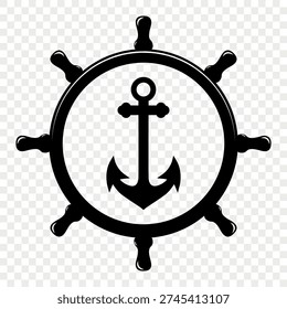 Vector Vintage Anchor and Ship Wheel Silhouette. Nautical Marine Helm Icon. Retro Captain Tattoo Design. Sailing Club Logo. Maritime Adventure Emblem. Sea Navigation Symbol. Classic Ship Wheel