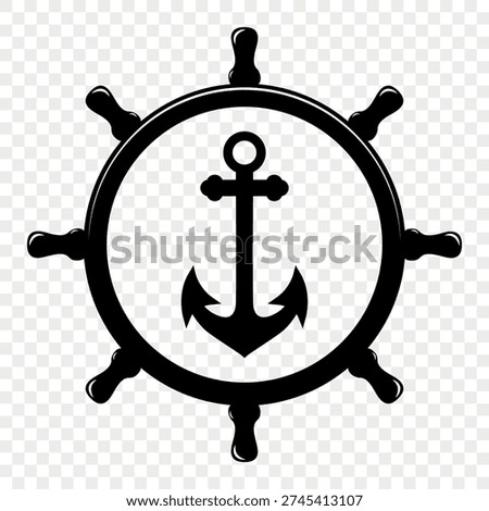 Vector Vintage Anchor and Ship Wheel Silhouette. Nautical Marine Helm Icon. Retro Captain Tattoo Design. Sailing Club Logo. Maritime Adventure Emblem. Sea Navigation Symbol. Classic Ship Wheel