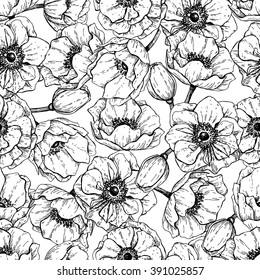 Vector vintage anemone seamless pattern. Hand drawn illustration. Great for wedding invitations, birthday, valentine's, save the date and greeting cards. Engraved decor element