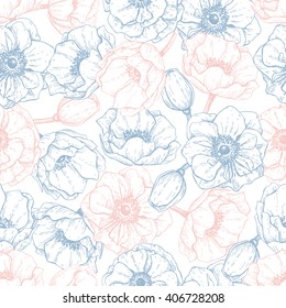 Vector vintage anemone seamless pattern in trendy colors 2016. Rose quartz and serenity. Great for wedding invitations, birthday, valentine's, save the date and greeting cards. Engraved decor element