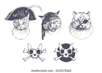 Vector vintage animal set with pirate accessories. Hand-drawn illustration with funny filibusters. Sea cats corsairs and Jolly Roger in the style of a sketch for design of print.