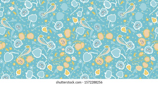 Vector vintage apple tree and bird on light blue dotted background. Seamless vector pattern. Perfect for fabric, wallpaper, giftwrap or postcard design