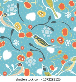 Vector vintage apple tree and bird on light blue dotted background. Seamless vector pattern. Perfect for fabric, wallpaper, giftwrap or postcard design