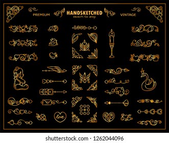 Vector vintage arrows, dividers, borders in premium gold style. 14 february theme tiny arts, pendants, signs and symbols for design. Cute sketch illustrations for logo, greeting card or wedding design