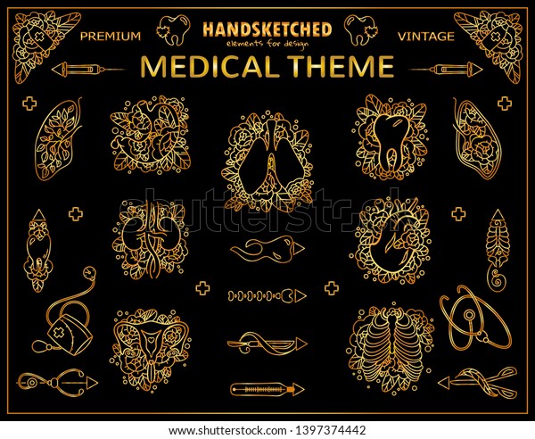 Vector\
vintage arts in premium gold style. Doctor, medicine, anatomy theme\
signs and symbols for design. Cute sketch arts for logo, doctors\
tattoo, greeting cards, medical jewelry\
design