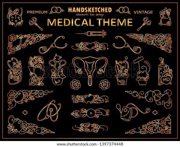 Vector vintage arts in premium gold style. Doctor,\
medicine, anatomy theme signs and symbols for design.  Sketch arts\
with stethoscope, uterus, teeth and more, doctors tattoo, medical\
jewelry design