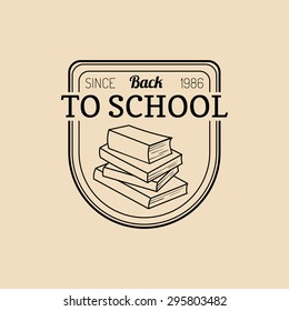 Vector vintage Back to school logo. Retro emblem with pupil stack of books. Students education sign. Knowledge day design concept.