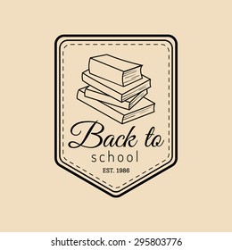 Vector vintage Back to school logo. Retro emblem with pupil stack of books. Students education sign. Knowledge day design concept.