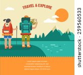 Vector vintage background with backpackers, forest, mountains and hills