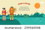 Vector vintage background with backpackers, forest, mountains and hills