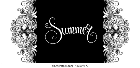 Vector vintage background. Black and white floral ornamental border frame with script Summer text. Vintage design element. Botanical illustration. Horizontal banner template. EPS 10