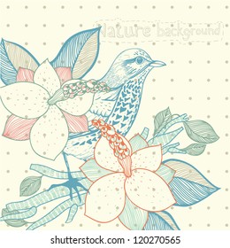 vector vintage background with a blue bird and blooming magnolia