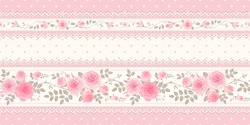 Vector Vintage Background, Border. Seamless Floral Pattern With Pink Roses And Laces For Wallpaper, Fabric, Gift Wrap, Digital Paper, Fills, Etc. Shabby Chic Style