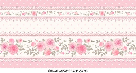 Vector Vintage Background, Border. Seamless Floral Pattern With Pink Roses And Laces For Wallpaper, Fabric, Gift Wrap, Digital Paper, Fills, Etc. Shabby Chic Style