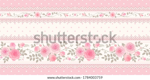 ベクタービンテージ背景 枠 壁紙 布地 ギフトラップ デジタル紙 フィルなど ピンクのバラとレースを使ったシームレスな花柄 シャビーシックなスタイル のベクター画像素材 ロイヤリティフリー