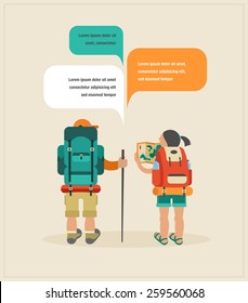 Vector vintage background with couple of backpackers and speech bubbles