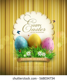 Vector vintage background with easter eggs, green grass and a round card for text.