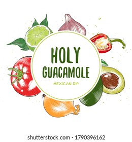 Vector vintage background with engraved hand drawn sketches of guacamole ingredients. Organic craft vegetables and spices illustrations. Mexican cuisine top view frame. Food menu design template.