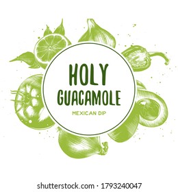 Vector vintage background with engraved hand drawn sketches of guacamole ingredients. Organic craft vegetables and spices illustrations. Mexican cuisine top view frame. Food menu design template.