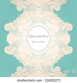 Vector vintage background. Filigree frame, striped paper and blots. Place for your text. Easy to change colors